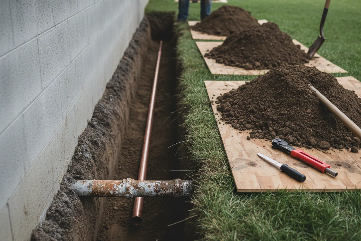 Excavated water line trench during Water Softener Installation in New Hill